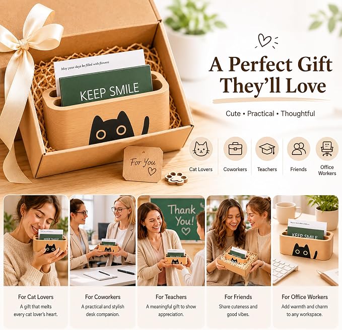 Business Card Holders 2 tier 2 Slot, Natural Wooden Name Card Holder Wood Business Card Holder Office Desktop Card Display Stands Cat Pattern Cute
