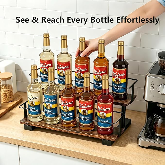 2-Tier Coffee Syrup Rack with Iron Frame, Holds 10 Bottles | Step shelf for coffee bar, liquor bottle display, holds jars, wine, tea canisters, vintage decor.