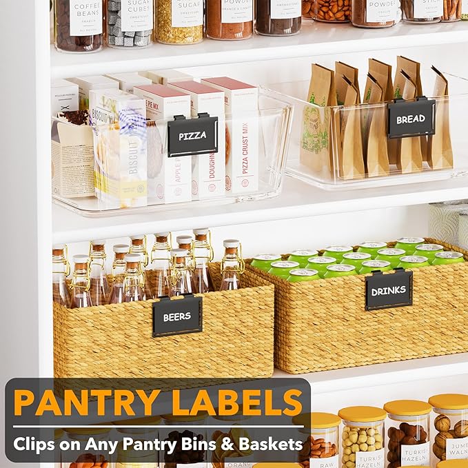 SpaceAid 10 Pack Pantry Basket Labels Clip on for Storage Bins, with 20 Label Cards, Kitchen Bin Label Tags, Removable Home Metal Bin Organization, Black and White Chalk Included (Black)