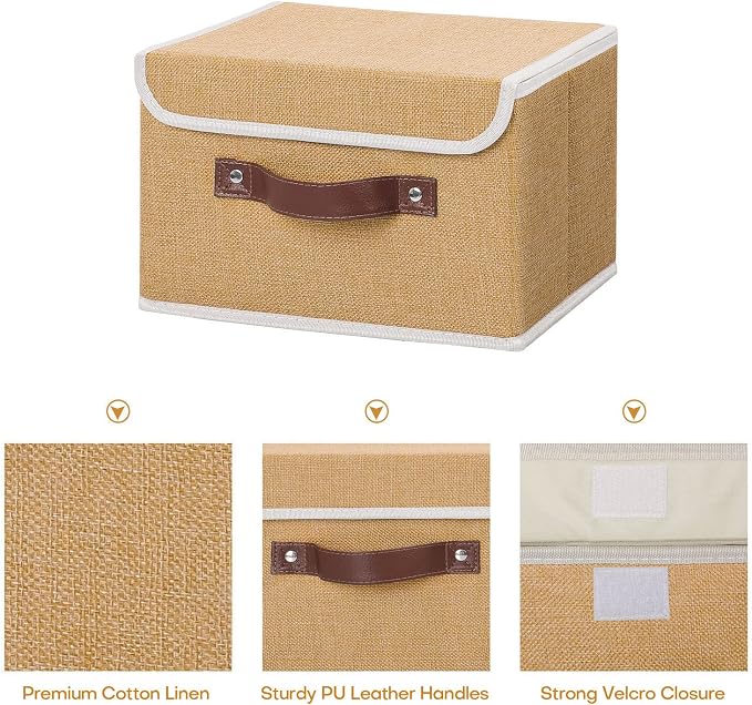 ANMINY 4PCS Storage Bins with Lid PU Leather Handles Storage Boxes PP Plastic Board Decorative Foldable Lidded Cotton Linen Fabric Home Cubes Baskets Closet Organizer Containers - Khaki, Small Size