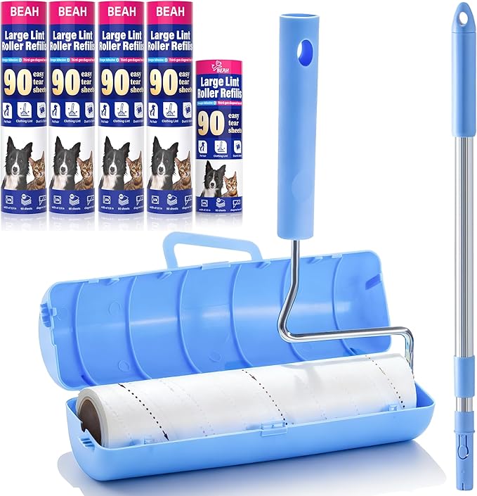 BEAH Large Lint Roller for Pet Hair Extra Sticky,9.45''Pet Hair Removal Tool Roller for Pet Dog Cat Hair (1 Roller+4 Long Rolls 1 Short roll)