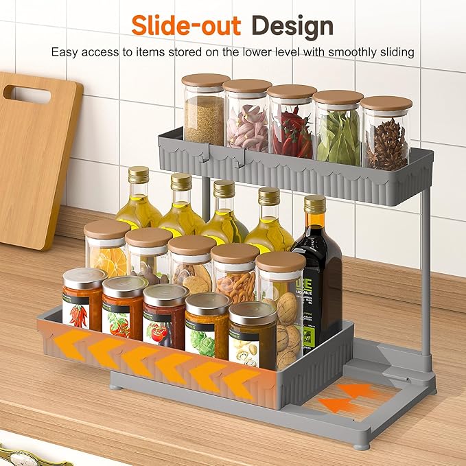 Sevenblue 3 Pack Multi-Purpose Under Sink Organizers and Storage, 2026 L-Shaped Pull Out Cabinet Organizer for Bathroom & Kitchen, Under Cabinet Organizer with Hooks Hanging Cup (Grey, 12.85 inch)