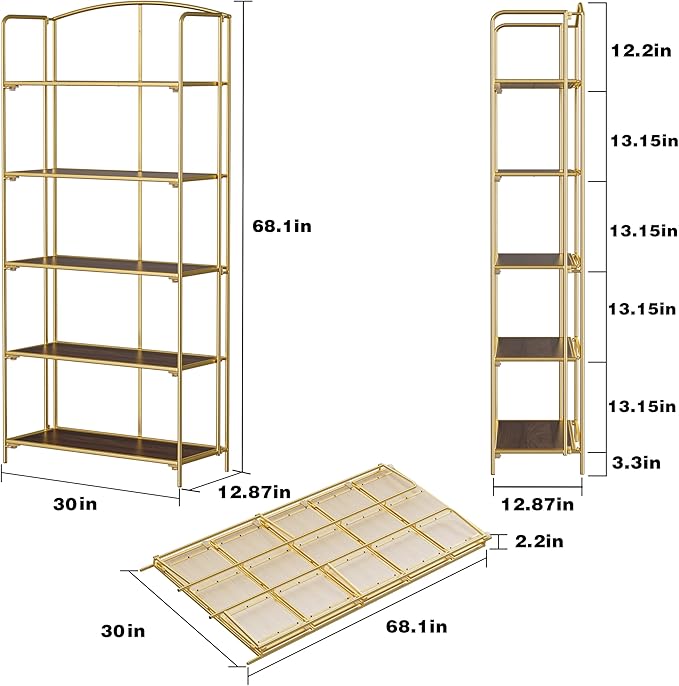 Crofy 5-Tier Wider Foldable Bookshelf, Gold Frame & Walnut Shelves | Collapsible Portable Storage Organizer; Sturdy Walnut Finish Shelves; Ideal for Living Room & Home Office
