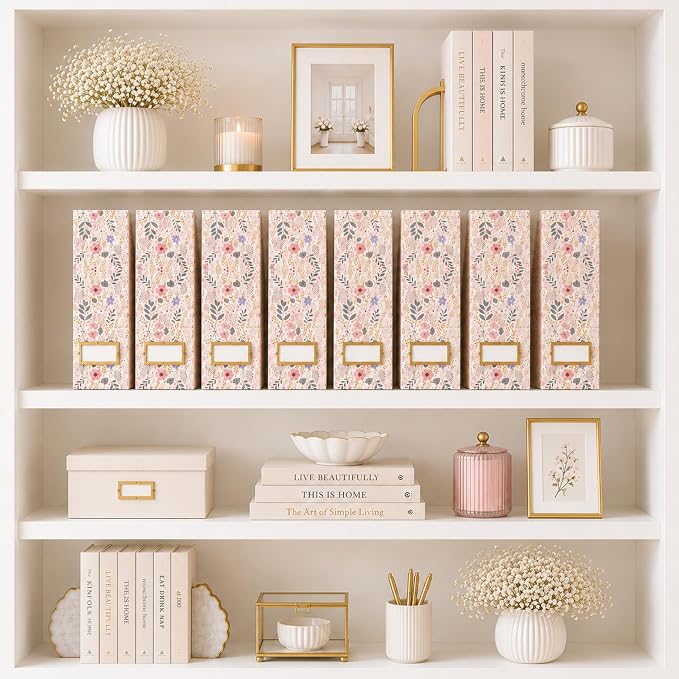 BLU MONACO | Cardboard Magazine File Holder Set of 4 | Standing File Holder with Floral Boho Design | Foldable Cardboard Bins for Shelves Desk Office Storage