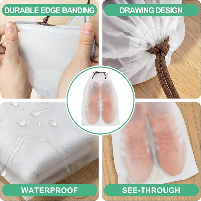 KLASIT Shoe Bags for Travel,Large Waterproof Portable Drawstring Clear Shoe Bags,Travel Essentials for Men and Women,15.7 x 11.8 inches, 5 PACK (Translucent, 5pack)