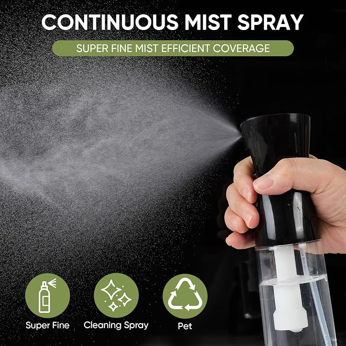 Continuous Spray Bottles (2 pack 6.8 oz/200ml), Ultra Fine Mist Sprayer, Spray Bottle For Hairstyling, Cleaning, Plants, Pets, Barbers, Salons (White & Black | 2 Pack)