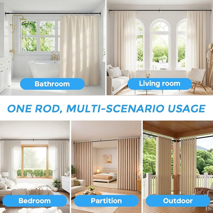 AIZESI 41-67 Inch Heavy Duty Tension Curtain Rod - No Drilling, Adjustable, Rust-Resistant for Outdoor, Living Room, Window, Bathroom (Black, 41" to 67"|2PACK)