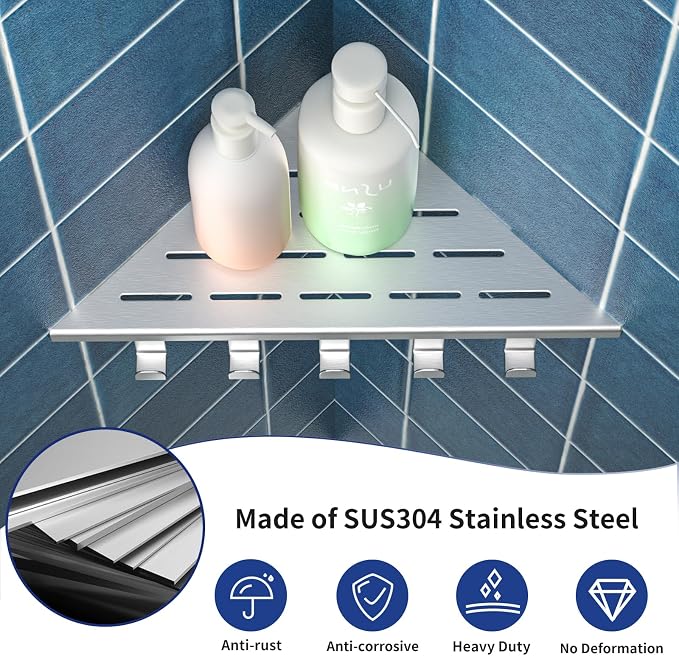 10'' Corner Shower Shelf | 304 Stainless Steel Shelves for Bathroom, Grout in Shelf with Hooks for Tiled Wall (Brushed)