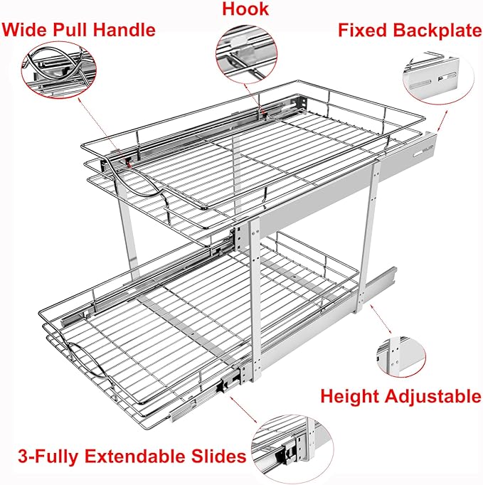 Sikarou Pull Out Cabinet Organizer 20" W x 21" D 2-Tier Individual Slide Out Drawer Pantry Shelf Storage for Kitchen Base Cabinet Organization for Kitchen, Bathroom, Pantry, Chrome