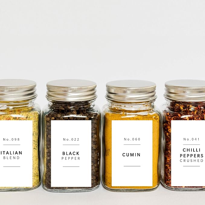 Lovable Labels Farmhouse Spice Jar Labels - Minimalist 184 Preprinted + 8 Blank Write-on Stickers Dishwasher Save & Waterproof Great for Spices and Seasonings Set to Organize Your Spice Rack