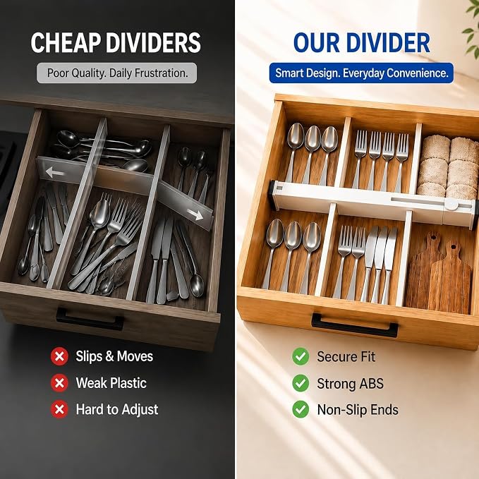 Adjustable Drawer Dividers, 1 Pack, Expandable 14.7–21” Drawer Divider Organizer with Non-Slip Ends for Kitchen, Dresser, Closet & Bathroom