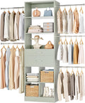 Small Closet System, 3.2-6.8FT Small Closet Organizer with 2 Wooden Drawers & 5 Hanging Rods, Can Fit 37.5 to 81.9 inch Walk-in Closet System, Built-in, Crab Green, Enclosed Storage Volume 2.32 ft³