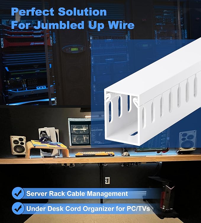1.6"H x 1.2"W Cable Raceway, 6ft Under Desk Wire Management Channel, White | Slotted Wire Duct, 2 Pack (3 ft Each), Heavy-Duty PVC Cable Management for Server Racks, Network Cables & Electrical Cabinets