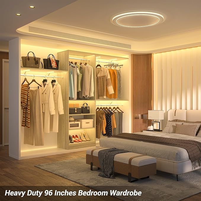 8FT Closet System with 3 Wooden Storage Shelves, 96'' Closet Organizer System with 3 Hanging Rods, Wall Mount Wardrobe Walk-in Closet, Adjustable Garment Rack from 5 to 8FT (Cut to Fit), White Oak
