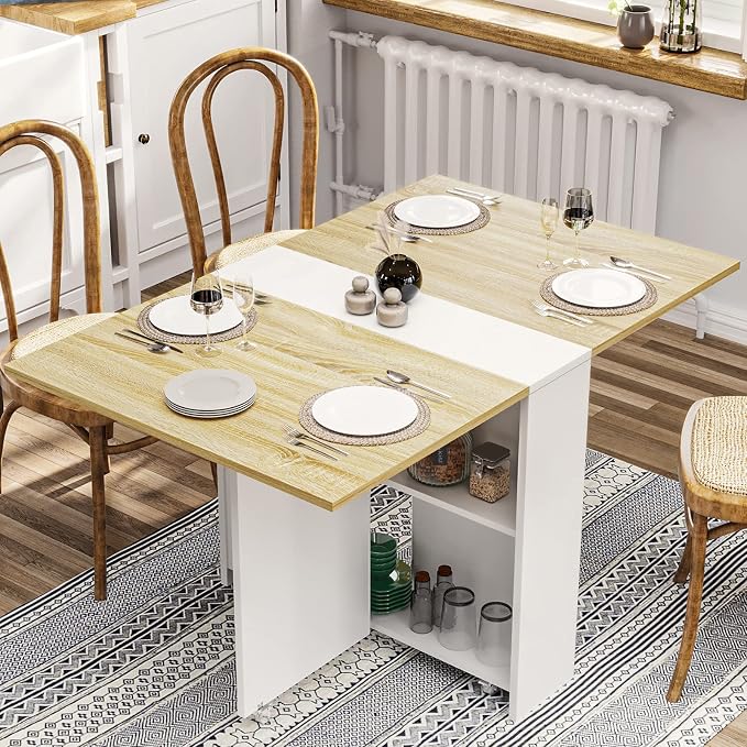 Tiptiper Folding Dining Table with 6 Casters, Drop Leaf Dining Table with Storage Shelves, Folding Kitchen Table for Small Apartments, Pear Wood Color and White