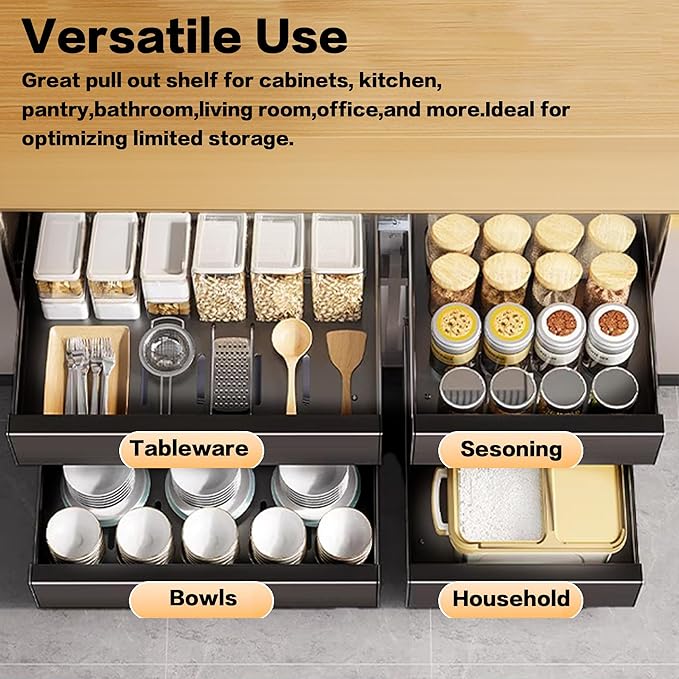 2 Pack Pull Out Drawers for Cabinets, 10" W x16.9" D Pull Out Cabinet Organizer Adhesive for Narrow Face Frame or Frameless Cabinets, Sturdy Pull Out Shelves for Kitchen,Pantry and Bathroom Vanity