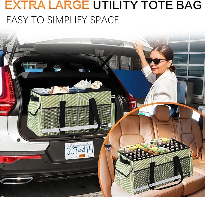 Upgrade Extra Large Utility Tote Bag with Reflective Strip, Standing Reusable Grocery Bags with Hard Bottom, Collapsible Utility Tote with Handles for Shopping, Beach, Picnics, Car, Twill Green