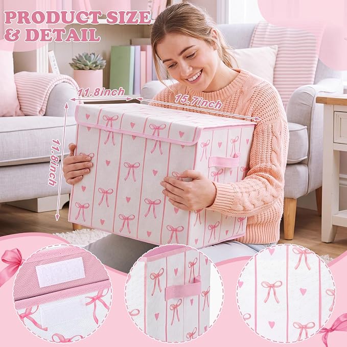 CHENGU 4 Pcs Pink Bow Storage Bin with Lid Large Fabric Pink Foldable Storage Box with Handles Cute Collapsible Cube Organizer Basket for Closet Home Bedroom Nursery Dorm Decor, 15.7 x 11.8 x 11.8''