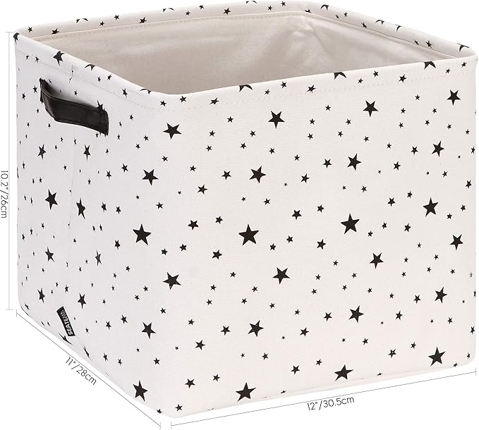 Sea Team Collapsible Canvas Fabric Storage Basket with Handles, Square Storage Box, Cube, Foldable Shelf Basket, Closet, Desk Organizer for Nursery, Home, Office (Black, Set of 4)