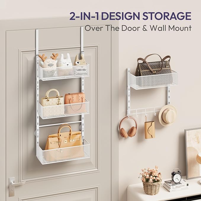 SWTYMIKI Over the Door Purse Organizer - Wall Mounted Purse Rack with 4 Adjustable Metal Basket and 6 Hooks, Hanging Bag Rack for Handbag Organizer, Bag Storage Can Use As 1/2 Part, for Door