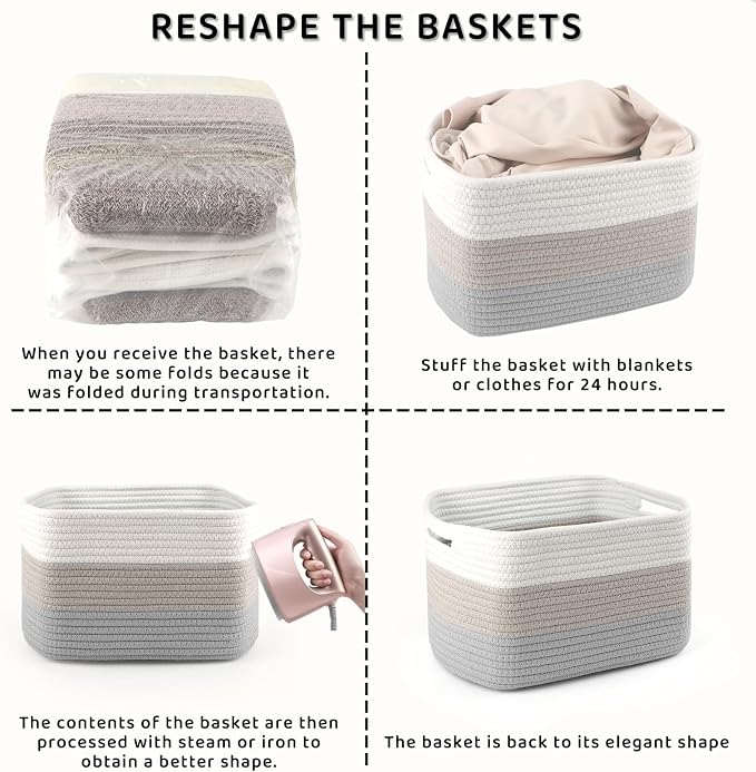 4 Pack Storage Baskets for Organizing, 11''Lx9''Wx8''H Woven Baskets for Storage Toys, Towels, Books, and Clothes, Cotton Rope Basket for Shelves with Handle White & Brown