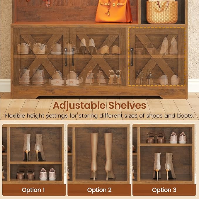 Itaar Hall Tree with Bench and Shoe Storage, Farmhouse Entryway Bench with Coat Rack, Shoe Cabinet with Adjustable Shelves, 6 Storage Cubbies, 10 Coat Hooks, Storage Bag, Led Lights, Rustic Brown