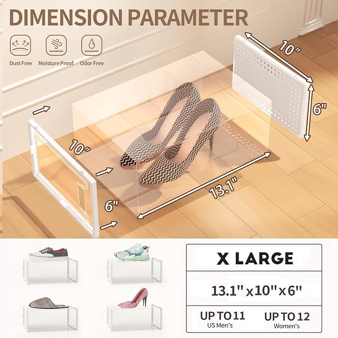 Snaxo 12 Pack X-Large Clear Shoe Storage Boxes, Stackable Modular Plastic Shoe Organizer Front-Opening Door, Ventilated Dust-Proof Sneaker Display Cases Closet and Entryway, White