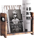 Wood Magazine Holder & Rack - Retro Brown Mesh Storage Basket for Books, Newspapers, Files - Desk/Floor Organizer