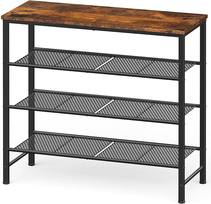 Kitsure Shoe Rack - 4-Tier Shoe Organizer with Wooden Top & Leveling Feet, Easy-Assembly, Rust-Resistant Metal Shoe Shelf for Closet, Entryway, Bedroom, 29.5" x 11.4" x 24.8", Brown