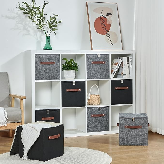 4PCS Storage Cubes with Lid Fabric Storage Bins Boxes PU Leather Handles Cotton Linen Closet Organizer Container Decorative Foldable Washable Shelf Cloth Basket (Zipper Lid, Black, 11in)
