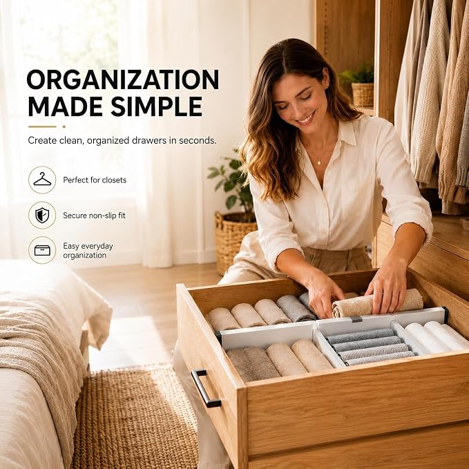 Adjustable Drawer Dividers, 1 Pack, Expandable 14.7–21” Drawer Divider Organizer with Non-Slip Ends for Kitchen, Dresser, Closet & Bathroom