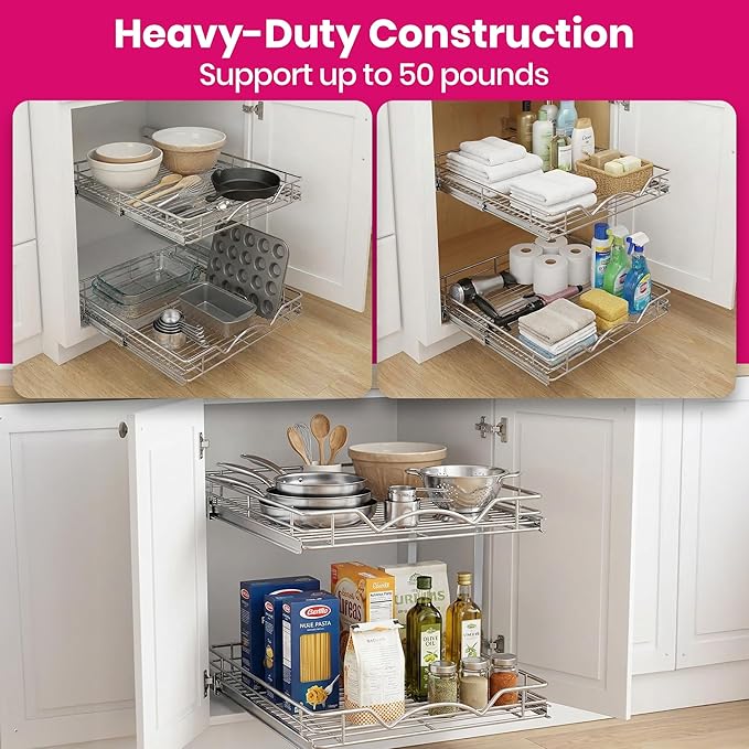 2-Tier Pull-Out Cabinet Organizer with Heavy-Duty Steel Frame, Full-Extension Sliding Shelves, Holds 100 lbs, Easy Install for Kitchen, Pantry & Under Sink Cabinets, 8" W x 21”D x 16.5" H