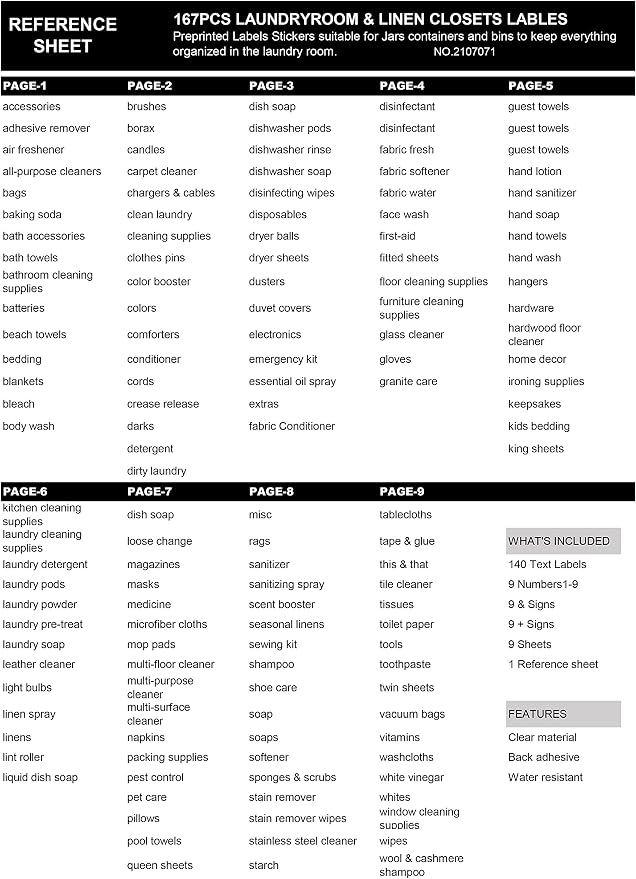167 Laundry Room Labels for Containers, Prefdo Waterproof Black Script Preprinted on Clear Stickers for Linen Closet Home Organization(Black)