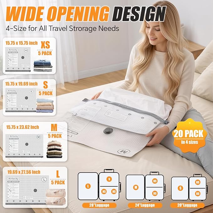 Travel Vacuum Storage Bags with Pump, 20 Pack Carry-on Compression Packing Bags + Portable Electric Pump, 80% Space Saver of Clothes, Vacuum Seal Bags for Clothing Travel Luggage