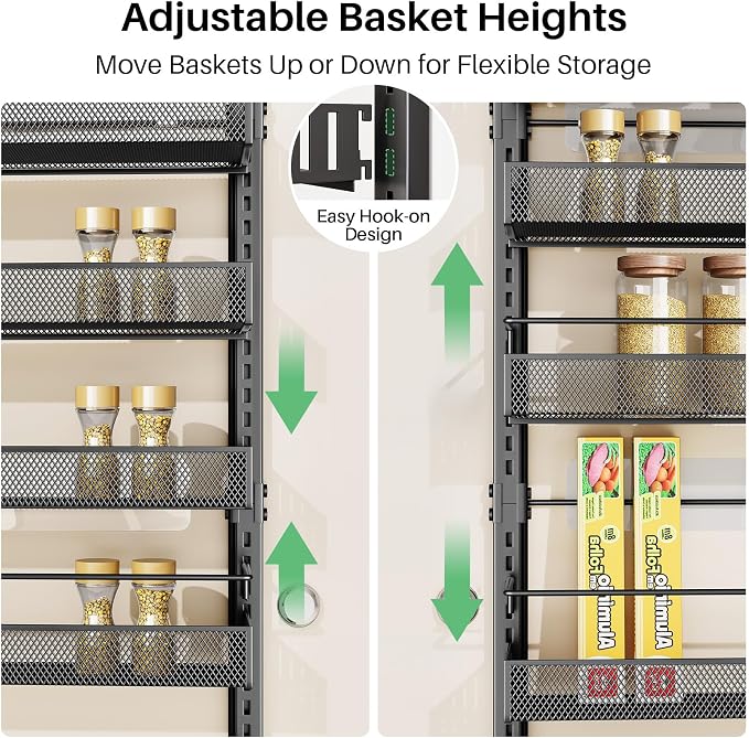 Over the Door Pantry Organizer - 8 Tiers Height Adjustable Pantry Organizers and Storage with Dense Mesh Baskets, Metal Door Hanging Spice Rack for Kitchen Bathroom (Black, 17.2" W x 6.2" D x 69.2" H)