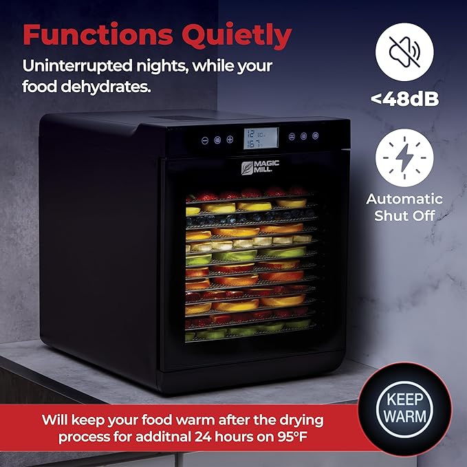 Magic Mill Premium Food Dehydrator Machine (15 Extra-Large Stainless Steel Trays) 800W Dryer for Beef Jerky, Fruits, Vegetables, Dog Treats, 48 Hour Digital Timer - 95°-167° Temperature Control