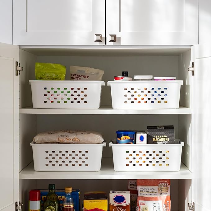 IRIS USA 4-Pack, Medium Plastic Storage Basket, White | Organize pantry items, office supplies, crafts, accessories, and household essentials with easy-carry storage for shelves