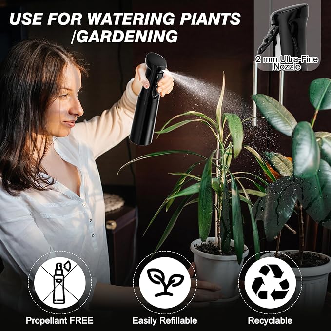 IMPORX Continuous Spray Bottle for Hair 2 Pack (10.1oz/300ml) Black | Empty Plastic Ultra Fine Mist Misting Water Mister Spray Bottles for Cleaning Hairstyling Barber Curly Hair Garden Plants