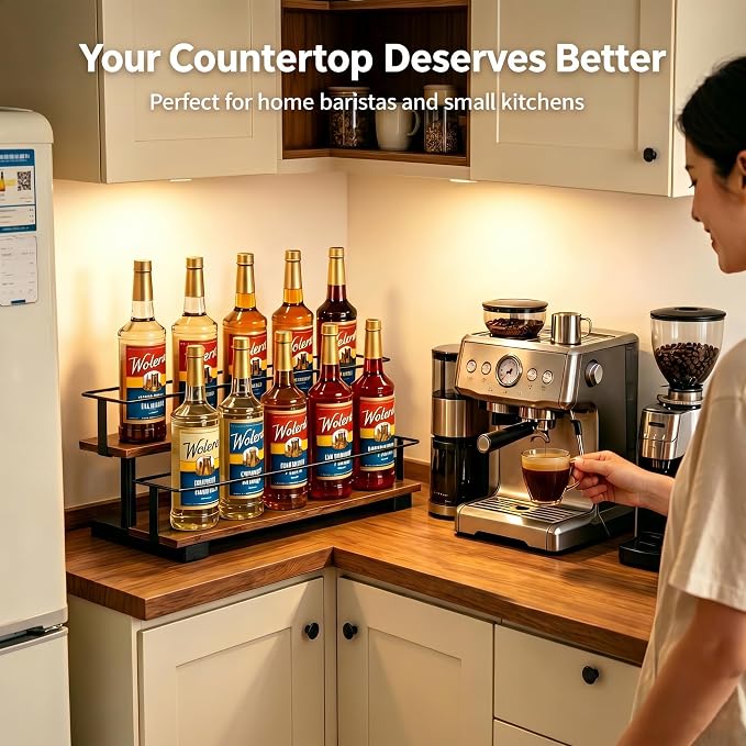 2-Tier Coffee Syrup Rack with Iron Frame, Holds 10 Bottles | Step shelf for coffee bar, liquor bottle display, holds jars, wine, tea canisters, vintage decor.