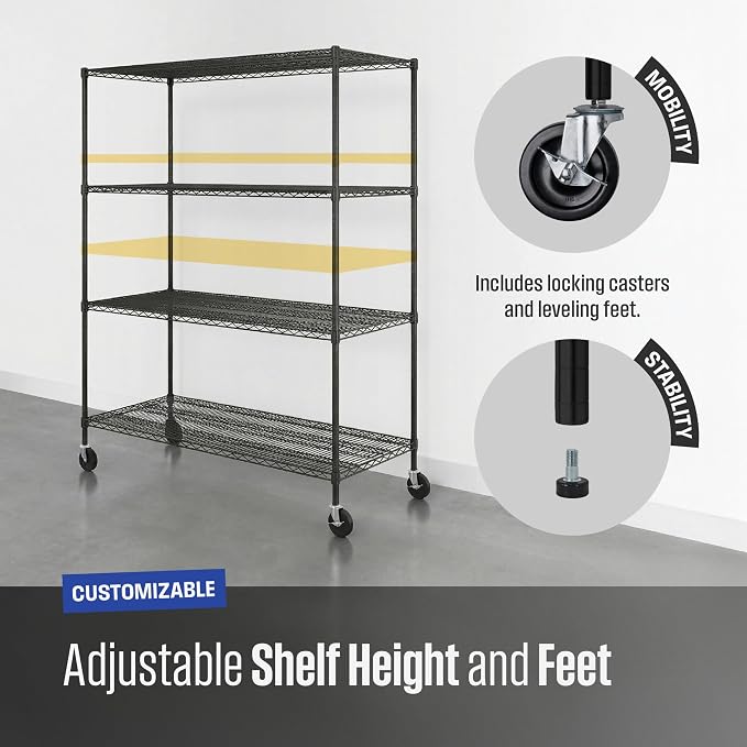 SafeRacks NSF 4-Tier Heavy Duty Steel Wire Rack w/Wheels (24"x60"x72")