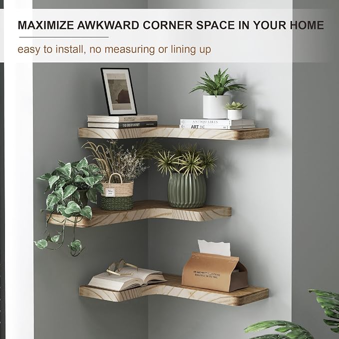 fuqing Floating Corner Shelves, Wall Shelf Set of 3, Shelves for Wall Storage, Solid Wood Shelves for Storage, Wall Mount Wooden Display Shelf for Bathroom Bedroom Kitchen Garage, Carbonized Black