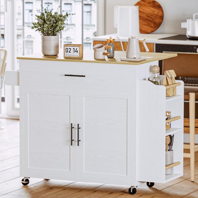 IRONCK Kitchen Island with Storage, Charging Station and Drop Leaf, White | Wheels, Drawers, Open Shelves, Drawer Storage, Everyday Home Use