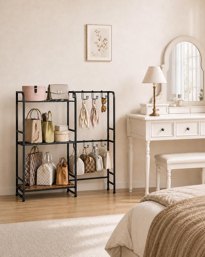 Large Purse Organizer, 3-Tier Purse Rack, Wall Mount or Freestanding | Stores handbags, totes and purses with 12 hooks, Adjustable layout keeps bags visible, freestanding or wall mounted organizer