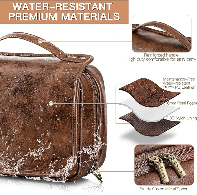 Elviros Hanging Toiletry Bag Removable Travel Bag PU leather Makeup Cosmetic Organizer Kit, Dark Brown | Removable Travel Organizer Bag for Cosmetics, Toiletries, Makeup Tools, and Daily Essentials with Easy Carry Design