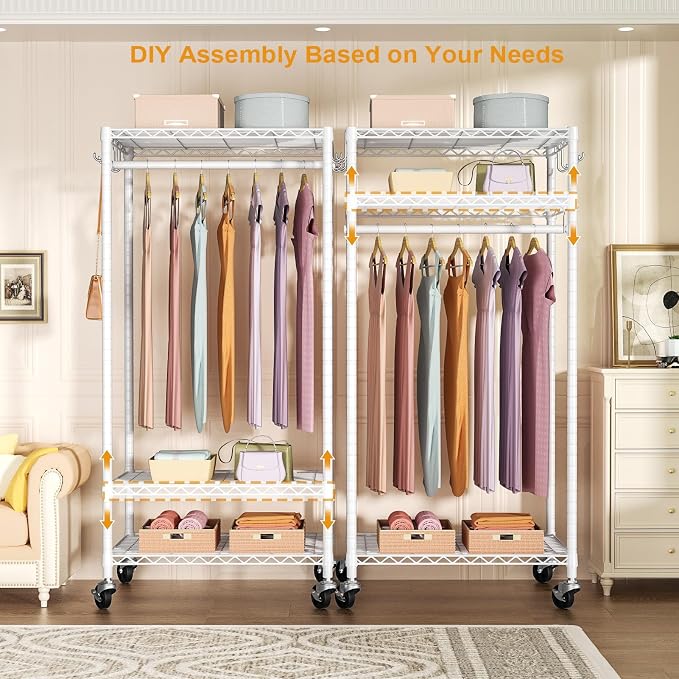 FUTASSI Rolling Clothes Rack, Clothing Racks for Hanging Clothes, White | P6 Medium Heavy Duty Garment Rack with Wheels, Freestanding Portable Closet Rack with Shelves, 30 In Wide, Max Load 370 LBS