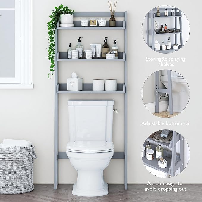 UTEX Over The Toilet Storage Shelf, 3-Tier Bathroom Shelf Rack, Gray | Space-Saving Bathroom Organizer with 3 Open Shelves for Towels & Toiletries, Adjustable Lower Crossbar, 33-Inch Clearance