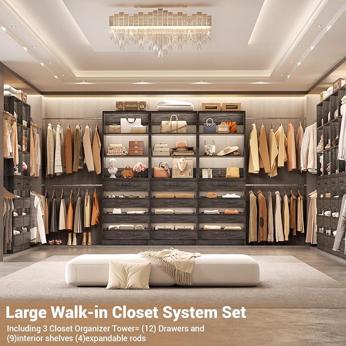 Aheaplus Closet System with 12 Drawers, 8.5-11.5Ft Wood Closet Organizer System with 4 Hang Rods & 3 Towers, 4Ft & 6Ft L-Shaped Walk-in Closets Wardrobe Organizer Clothes Rack, Set of 3, Black Oak1