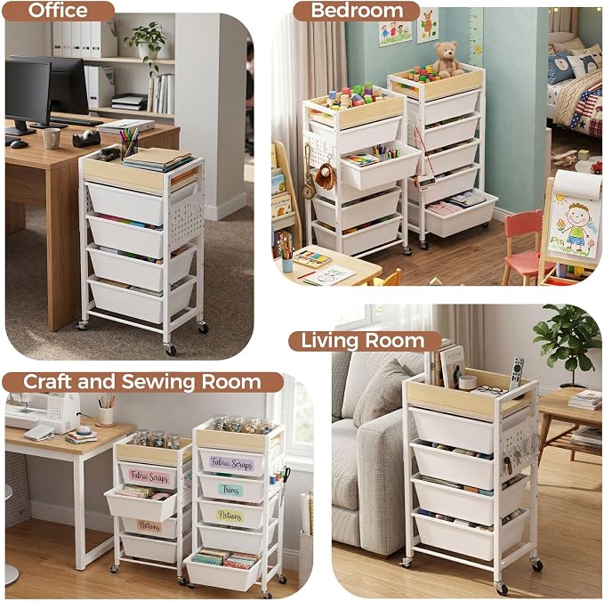 6 Tier Rolling Cart with Drawers, Plastic Drawer Storage Craft Cart with Pegboards & Hooks, Metal Utility Cart with Wheels & Wooden Tabletop, Classroom Office Art Supply Organizers and Storage, White