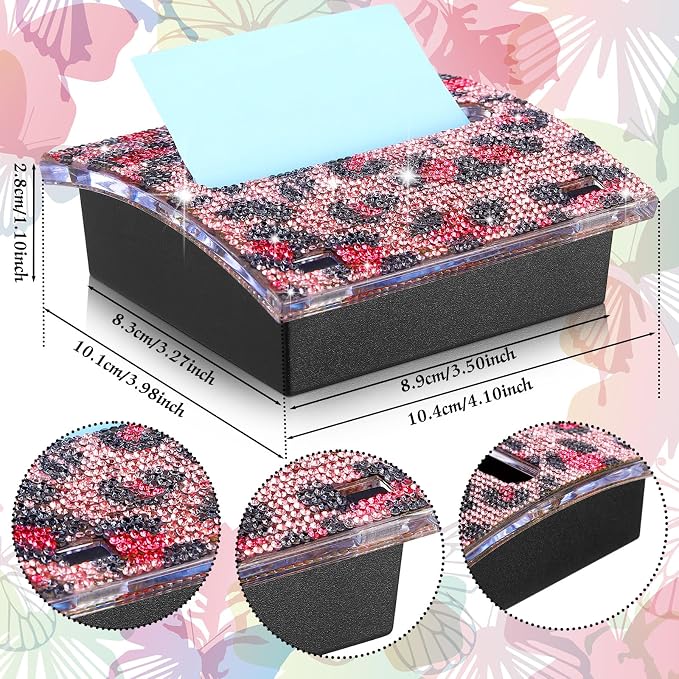 Barydat Rhinestone Self Stick Note Dispenser 4 x 4 Inches Pop up Note Pad Holders with Leopard Print Top Sticky Memo Holder for Office Home Classroom Desk Supplies