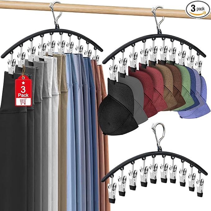 3 Pack Hat Hangers for Closet, Metal Hat Organizer for Baseball Caps | Hats Rack Holder for Closet with 30 Clips, Hats Storage for Baseball Caps Beanie Accessories Men Women, Black